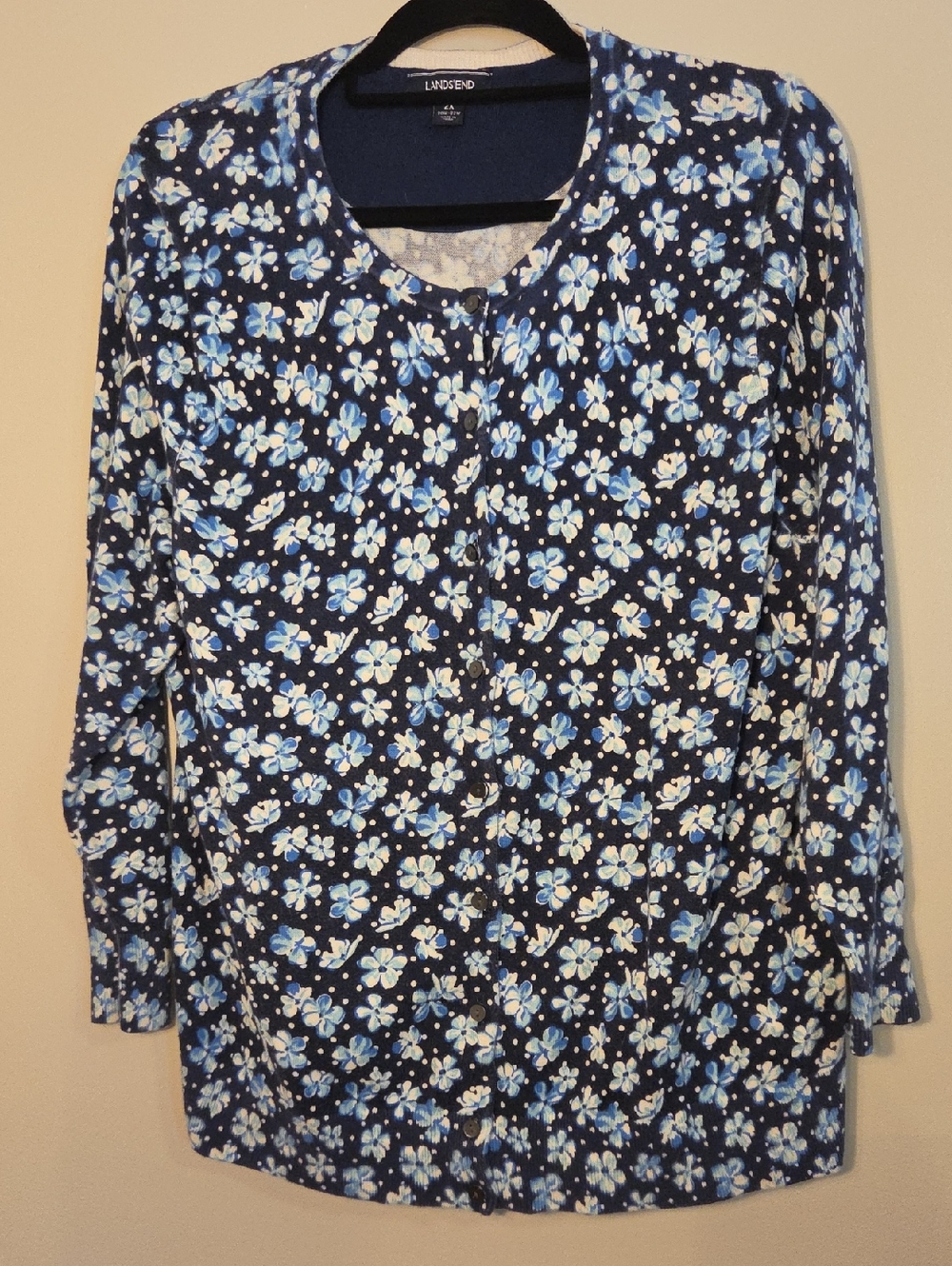 Lands' End Navy and Light Blue Floral Long-Sleeve Button Front Top
